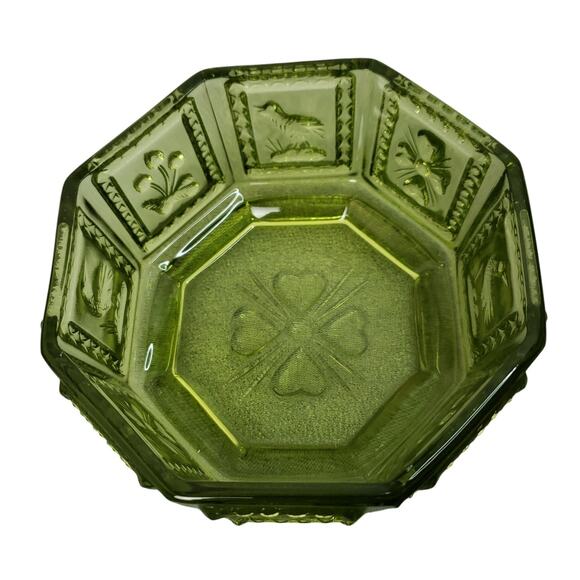Vintage 8-Sided Imperial Butterpat Glass Candy Dish w/ Lid Birds & Hearts Green - Picture 5 of 8